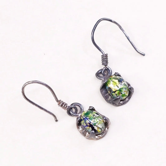 VTG Sterling silver handmade earrings, 925 hooks w/ green foiled glass drops