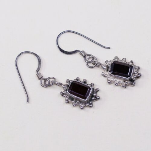 Vtg Sterling Silver Handmade Earrings, 925 Bali Dangles W/ Ruby