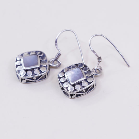 sterling silver handmade earrings, 925 square with mother of pearl and beads