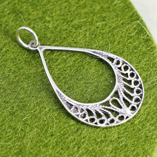 Vintage sterling silver handmade filigree pendant, 925 teardrop charm