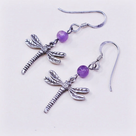 Vintage handmade sterling 925 silver dragonfly earrings with amethyst