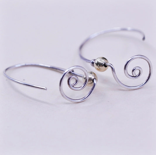 Vintage two tone Sterling silver handmade earrings, 925 swirl with 14K gold beads, silver and gold tested