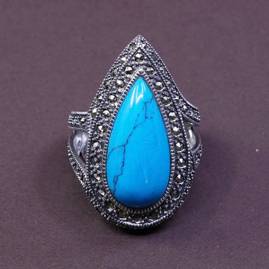 sz 7.25, Sterling silver handmade ring, 925 w/ teardrop turquoise and marcasite