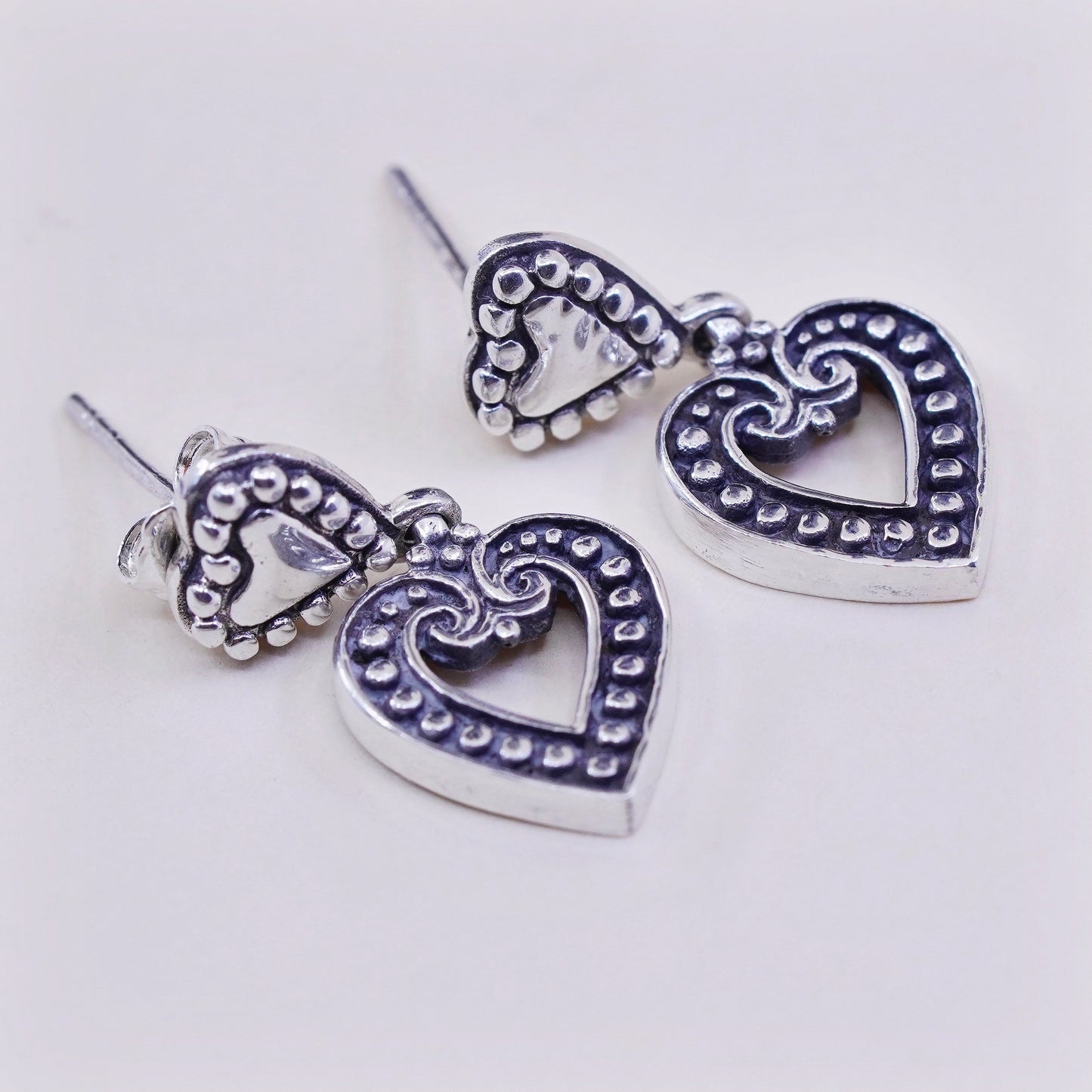 Vintage sterling silver handmade earrings, 925 heart dangles with beads