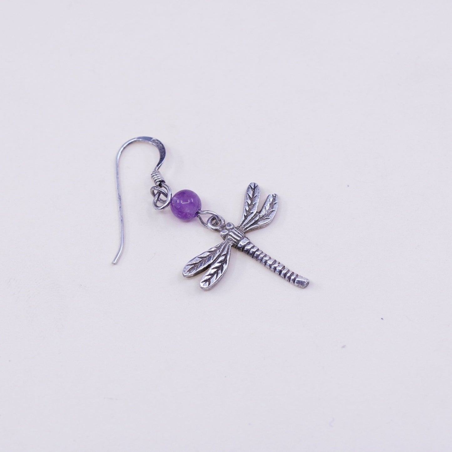 Vintage handmade sterling 925 silver dragonfly earrings with amethyst