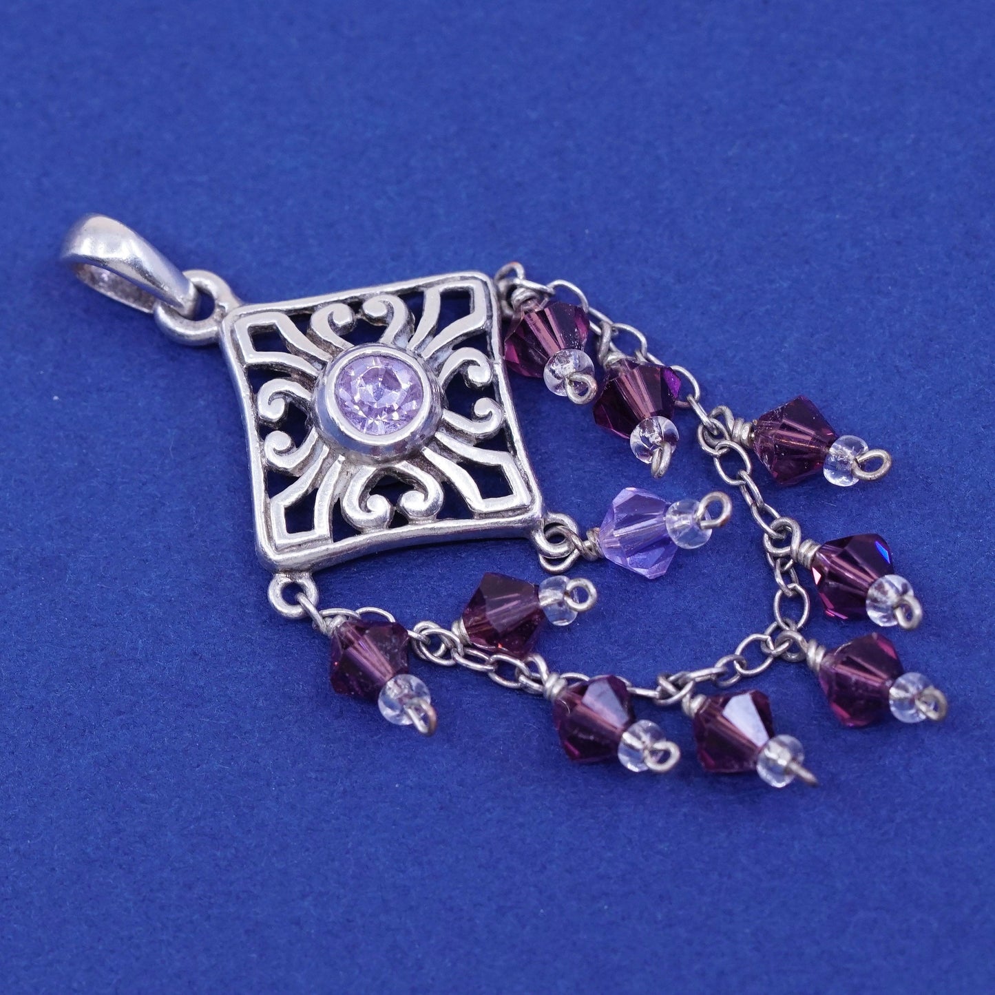 Vintage sterling silver handmade pendant, 925 filigree w/ amethyst N pink Cz