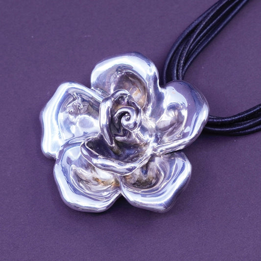 16”, handmade leather necklace with sterling 925 silver flower pendant