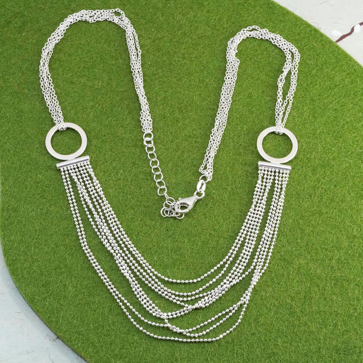 18+2”, Italy sterling 925 silver circle chain necklace w/ beads fringe pendant