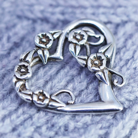 Vintage sterling 925 silver filigree heart pendant with flower details