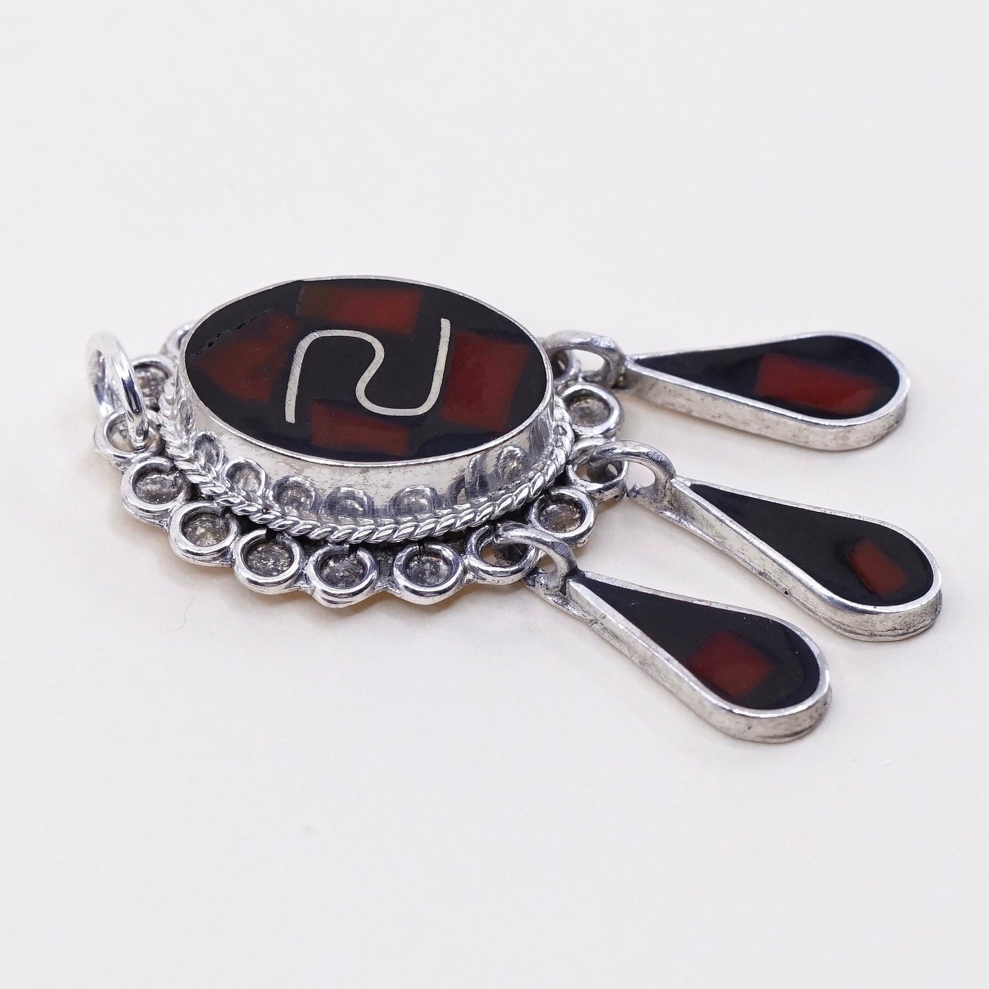 vtg sterling 925 silver handmade pendant w/ black N red resin teardrop dangles