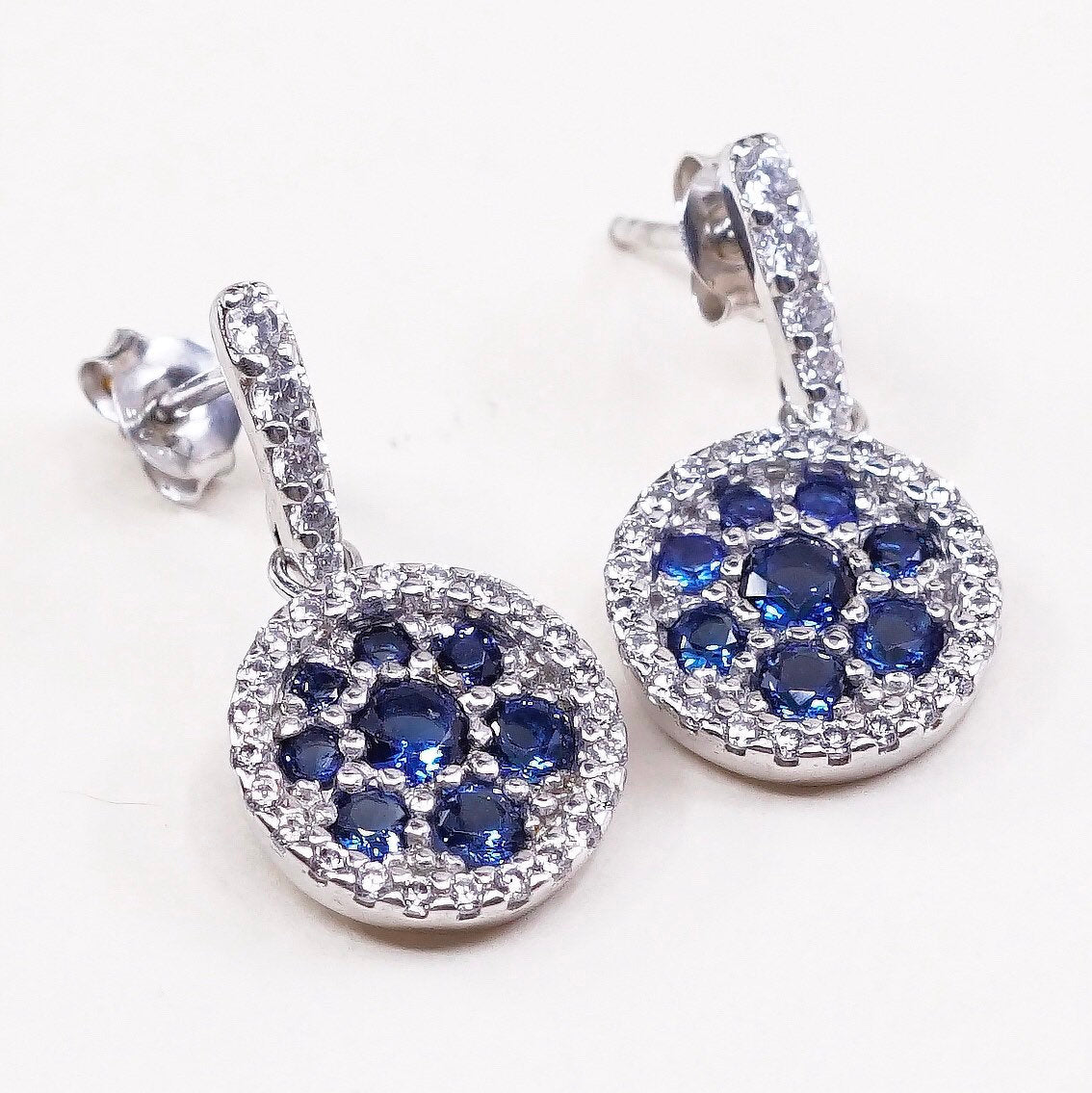 VTG Sterling silver handmade earrings, 925 circle dangles w/ blue crystal