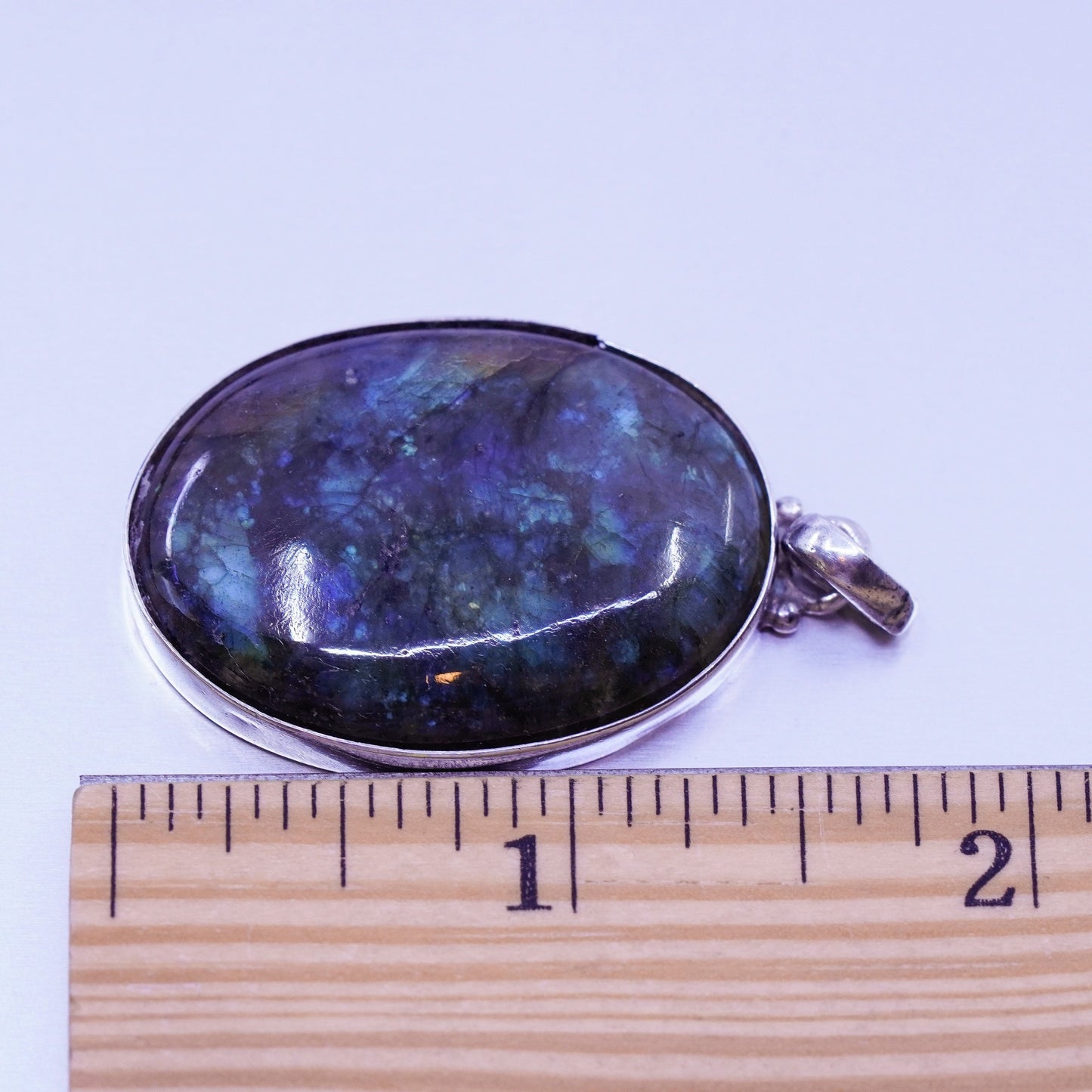 antique sterling 925 silver handmade pendant with huge oval labradorite