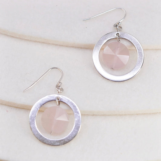 Vintage Sterling 925 silver handmade round earrings with pink rose quartz