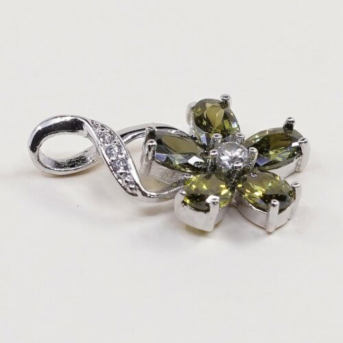 Vtg Fashion Sterling silver pendant, Flower w/ Peridot N Cz, silver tested