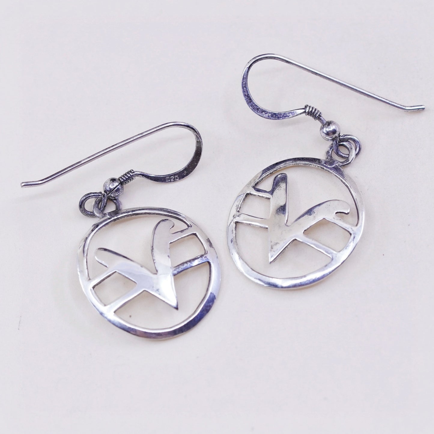 Sterling silver handmade earrings, Mexico 925 circle dangle with initial V