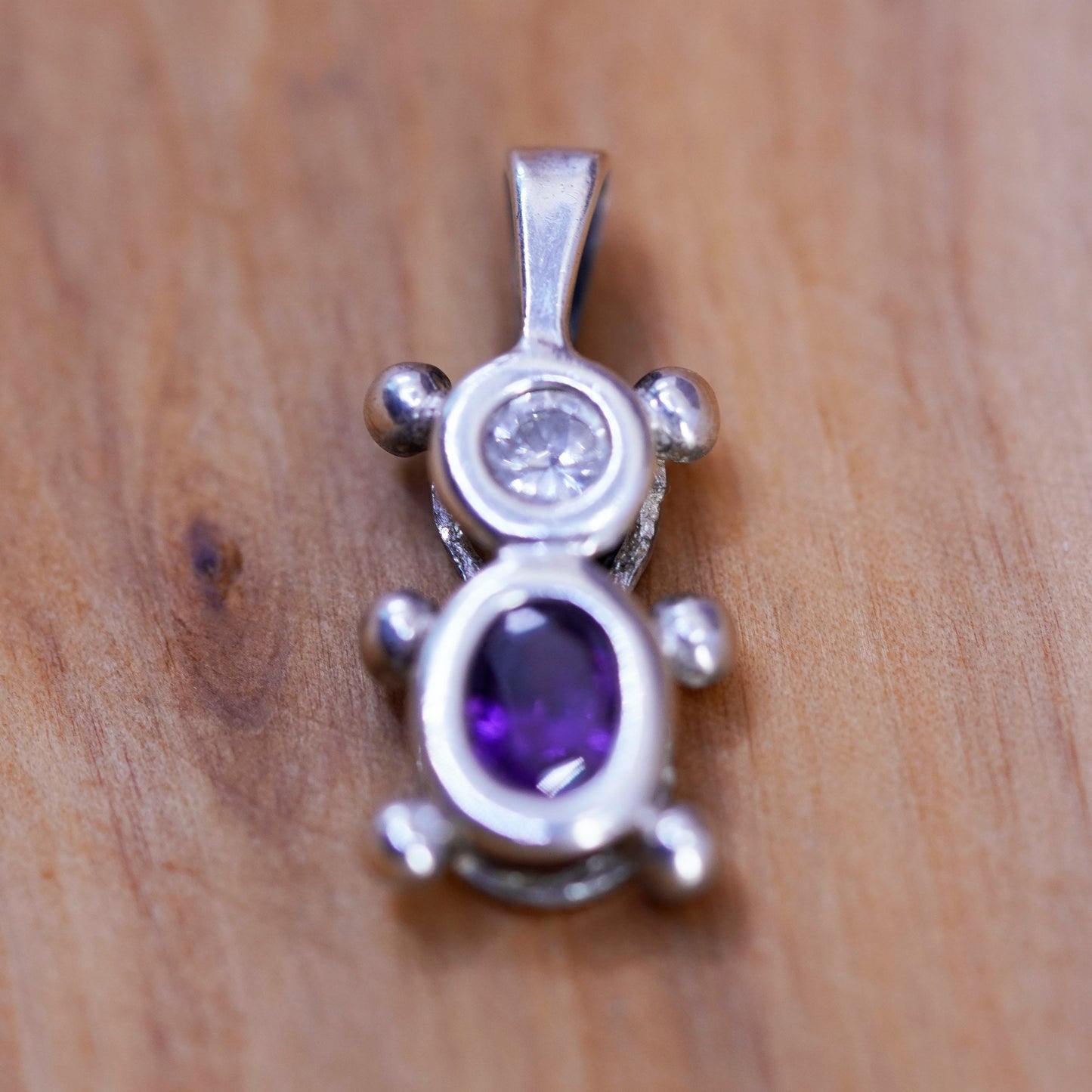 Vintage Sterling 925 silver handmade bear pendant charm w/ birthstone amethyst