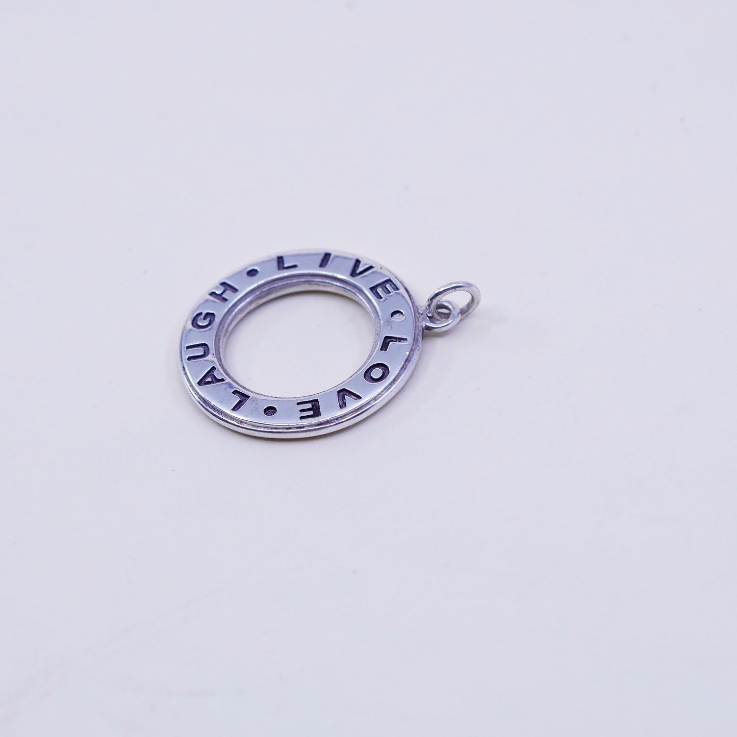 Vintage sterling silver handmade pendant, 925 circle embossed ”live love laugh”