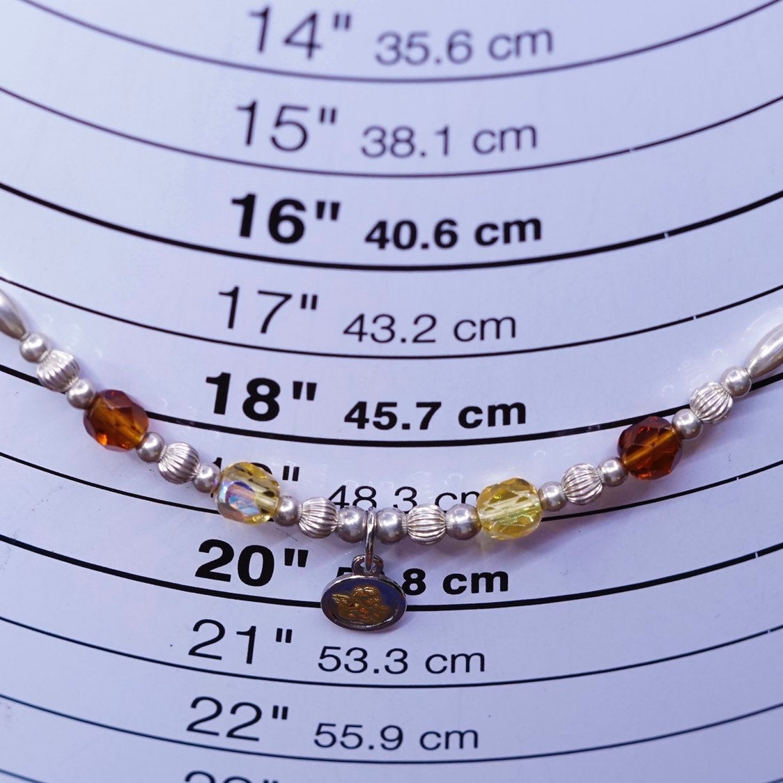 16”, Sterling silver necklace, 925 liquid chain w/ amber beads N angle pendant