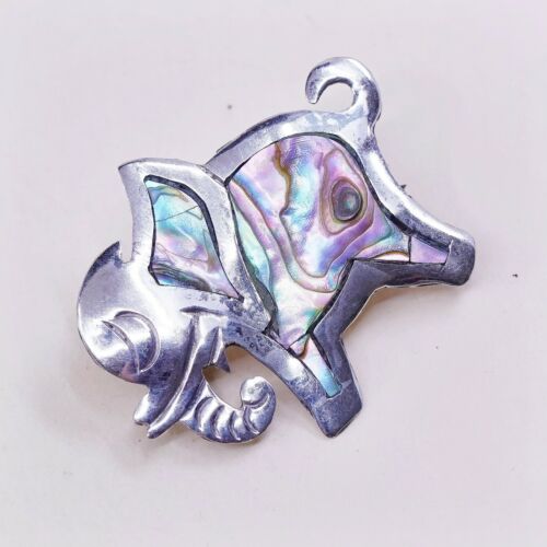 Vintage PA Alpaca Silver Handmade Brooch, Elephant Pin W/ Abalone