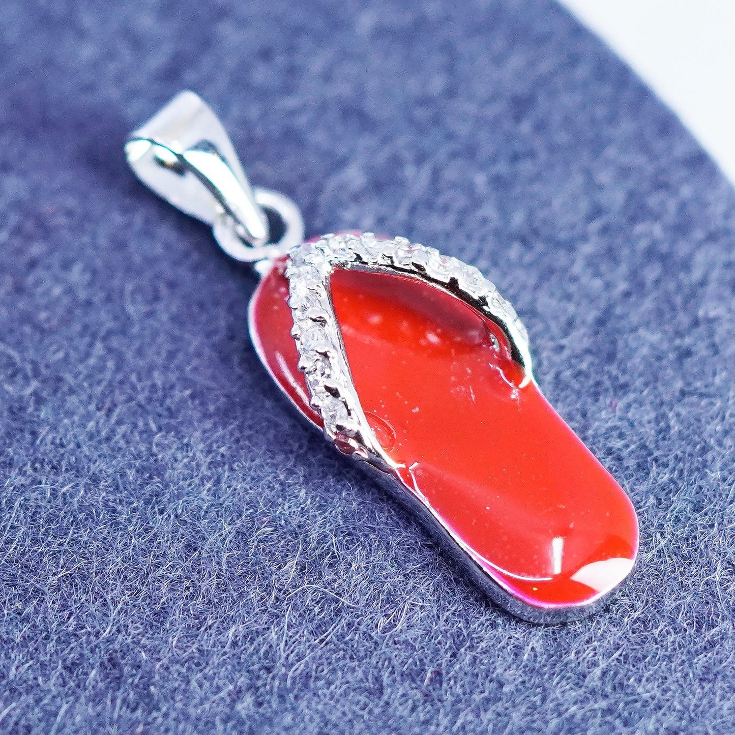 Vintage sterling 925 silver sandal flip flop pendant with red enamel and cz