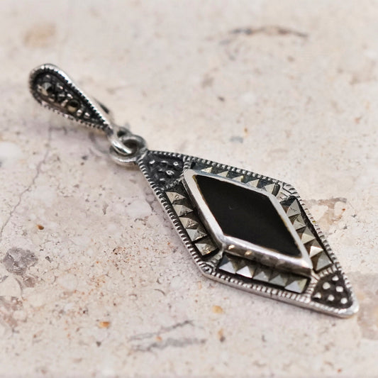 Vintage Sterling 925 silver handmade pendant with onyx and marcasite