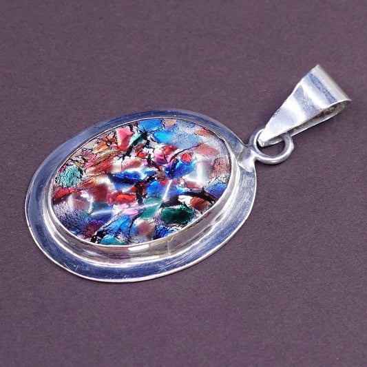 vtg Sterling silver handmade pendant, 925 with vivid colored foil glass