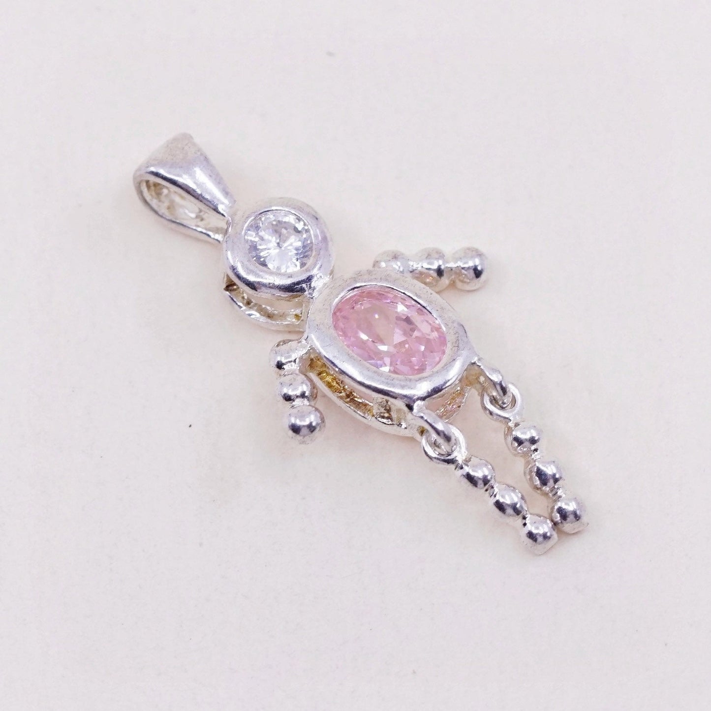 vtg sterling 925 silver birthstone handmade pendant w/ pink cz boy figure charm