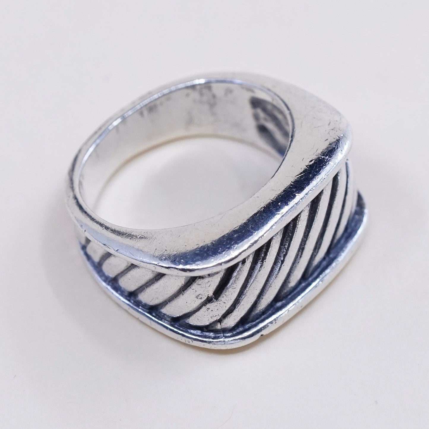 sz 6, vtg sterling silver handmade statement ring, 925 cable ribbed band