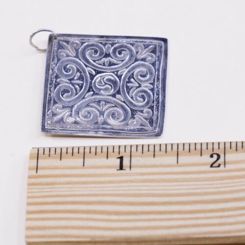 Vtg Sterling 925 Silver Handmade Square Pendant W/ Filigree Swirl, Silver Tested