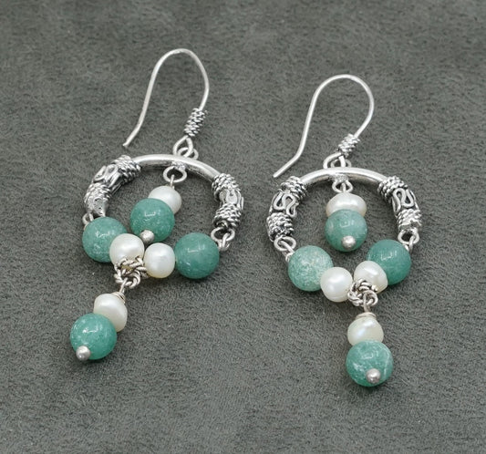 vtg Sterling silver handmade earrings, 925 hoops w/ freshwater pearl N jade