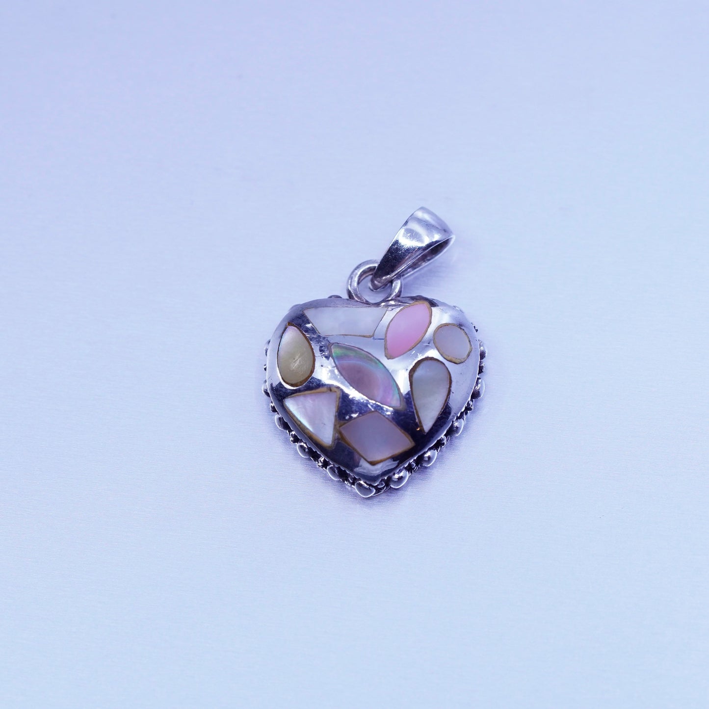 antique sterling 925 silver heart pendant with mother of pearl and beads