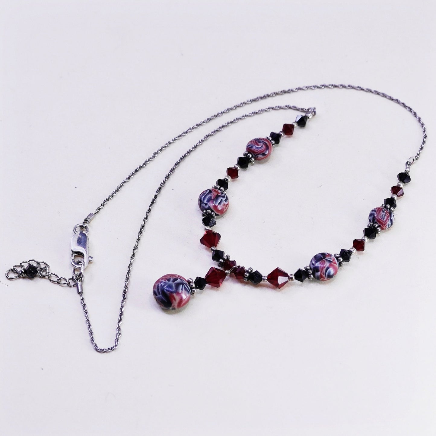 16”+2”, handmade Sterling 925 silver necklace, artisan foiled glass beads chain