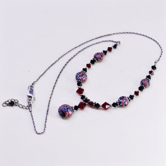 16”+2”, handmade Sterling 925 silver necklace, artisan foiled glass beads chain