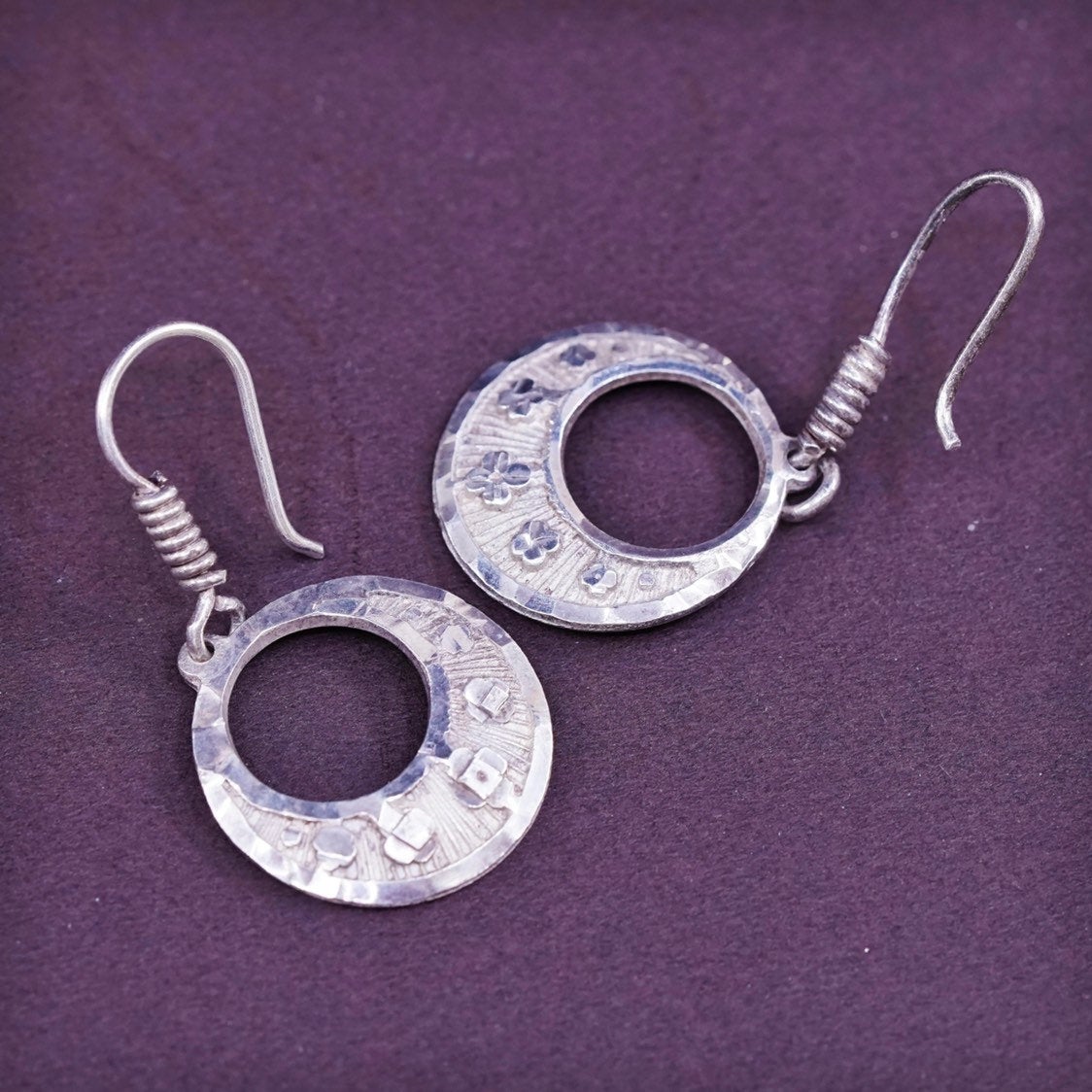 vtg Sterling silver handmade pierced earrings, Mexico 925 w/ circle drops