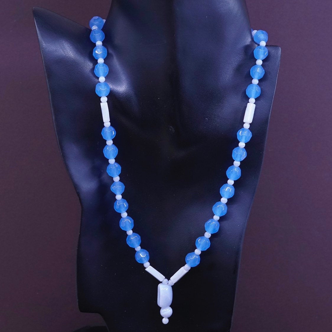 20”, vtg handmade necklace, silver Tone Toggle Closure with blue Beads