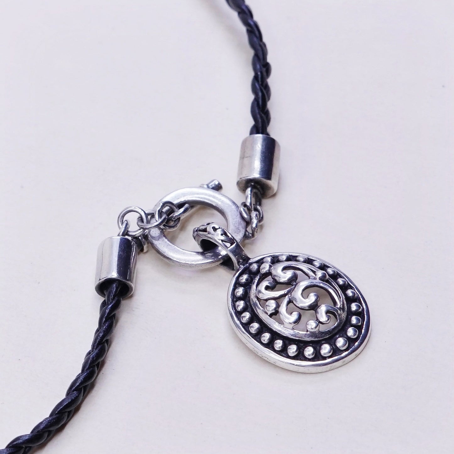 16”, sterling silver necklace, 925 pendant w/ black woven leather chain