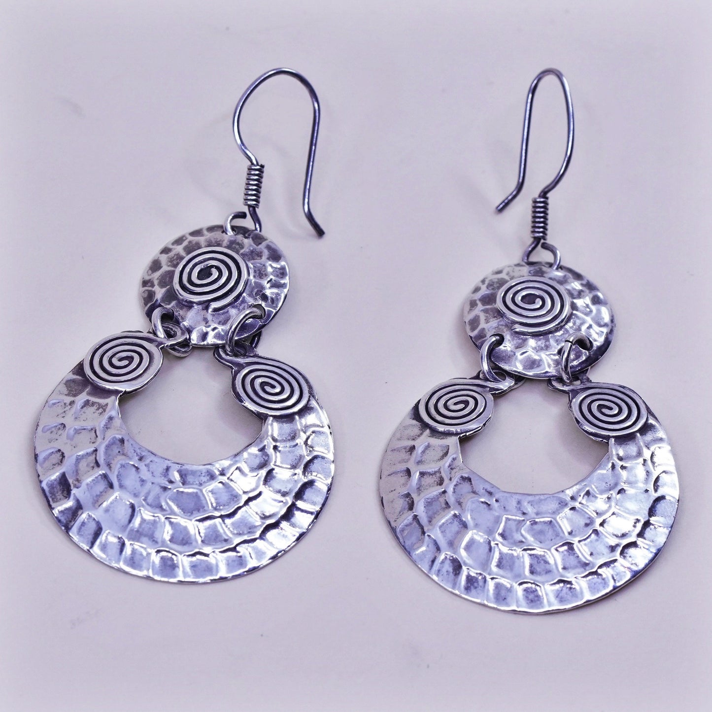 Vintage sterling silver handmade earrings, huge 925 circle w/ hammered texture