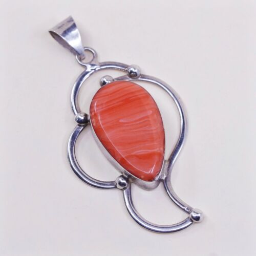 Vtg Huge Mexico 925 Sterling Silver Handmade Pendant W/ Orange agate