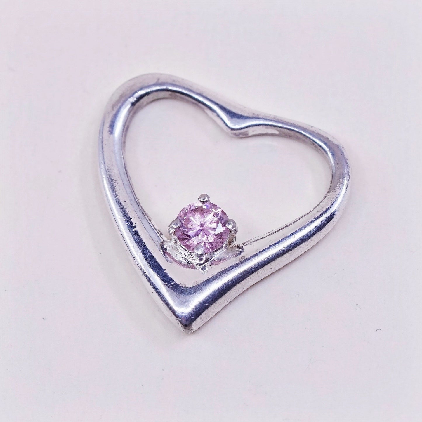 Vintage sterling silver pendant, heart 925 silver charm with pink crystal