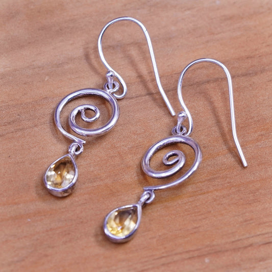 vtg sterling silver handmade earrings, 925 swirly drops with teardrop citrine