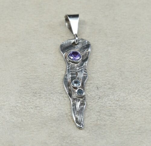 Vtg Sterling silver handmade pendant, 925 silver w/ amethyst N Blue Topaz