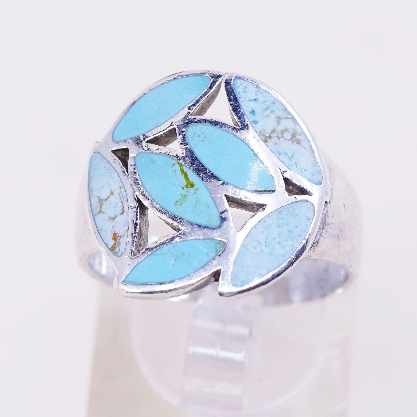 sz 8.5, vtg sterling 925 silver handmade ring with turquoise leaf, southwestern