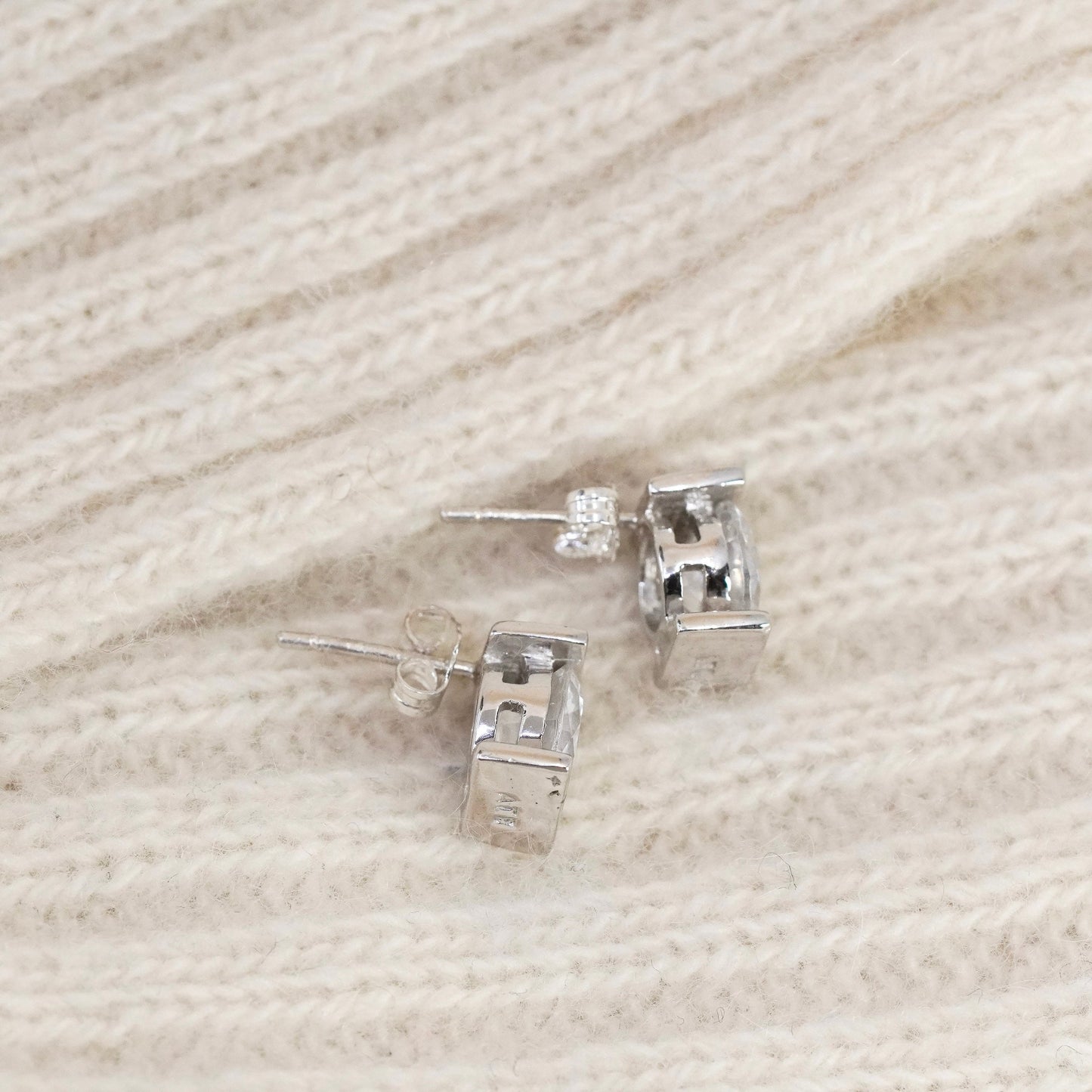 Vintage sterling silver square clear CZ studs, fashion minimalist earrings