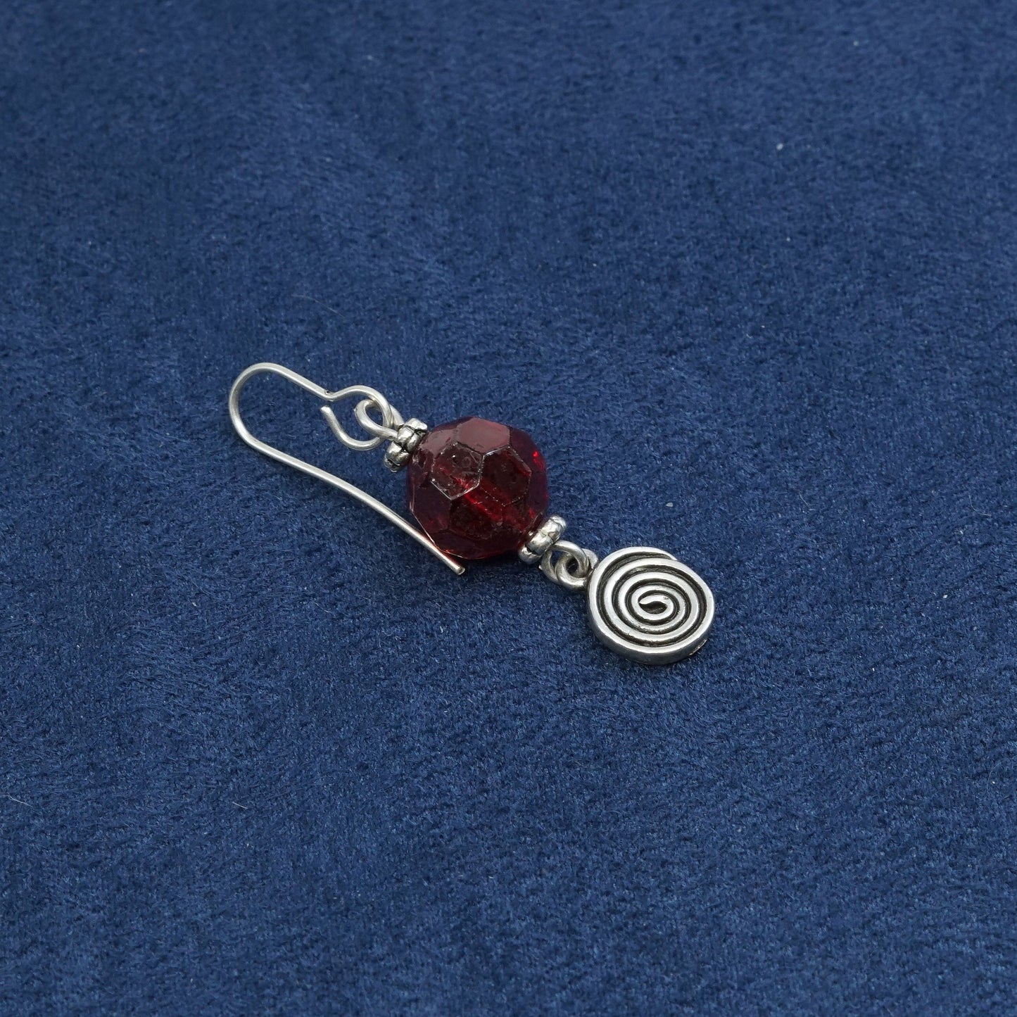 vtg Sterling Silver handmade Earrings w/ red glass beads, 925 swirl dangles