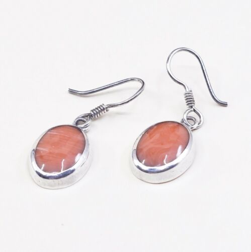 Vtg Sterling Silver handmade Earrings, 925 Silver W/ Orange Agate Inlay