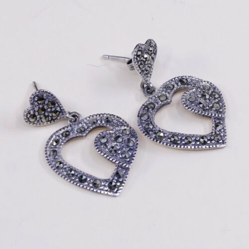 Vtg Sterling Silver Handmade Earrings, 925 Silver Heart Dangles W/ Marcasite