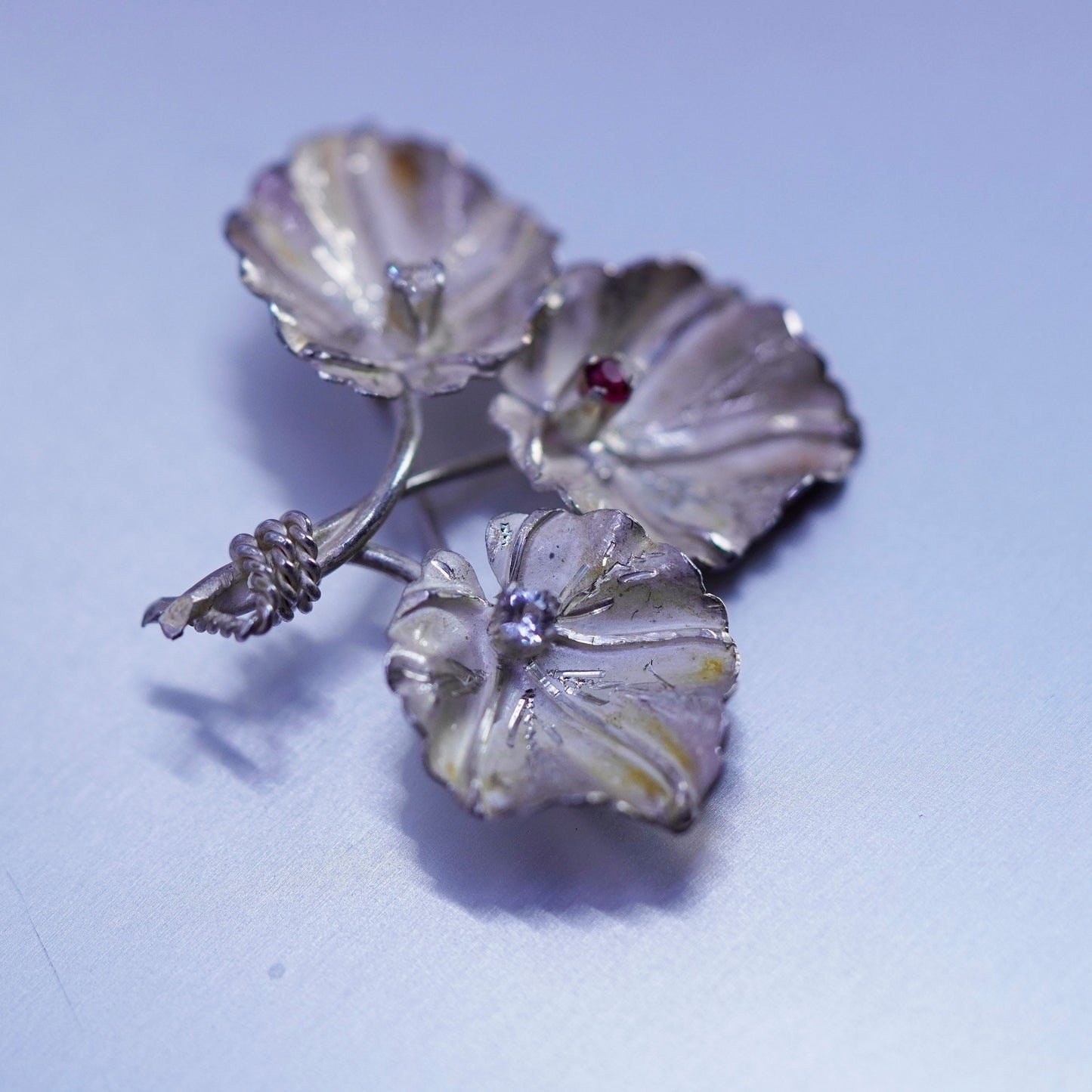 Vintage sterling silver handmade brooch, 925 leaves pin with crystal