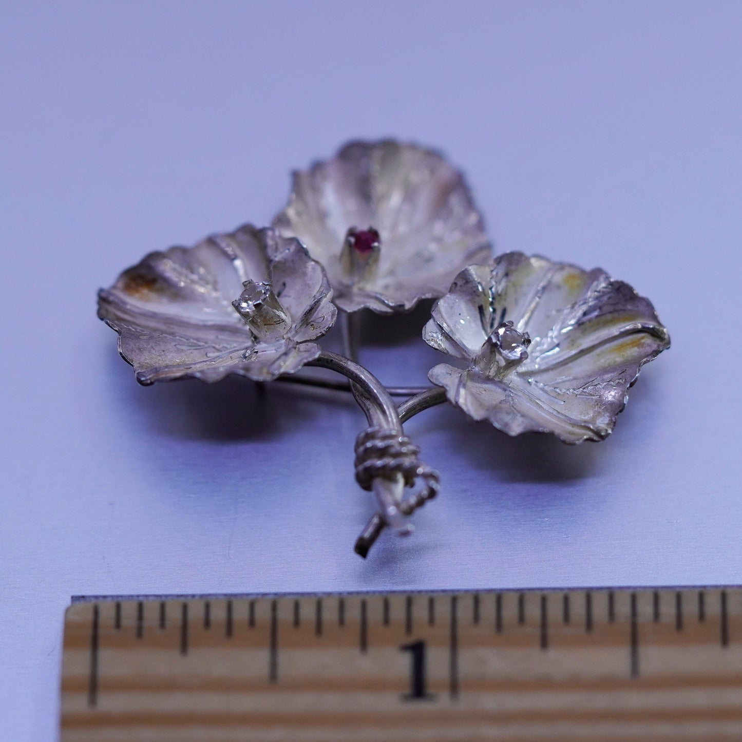 Vintage sterling silver handmade brooch, 925 leaves pin with crystal