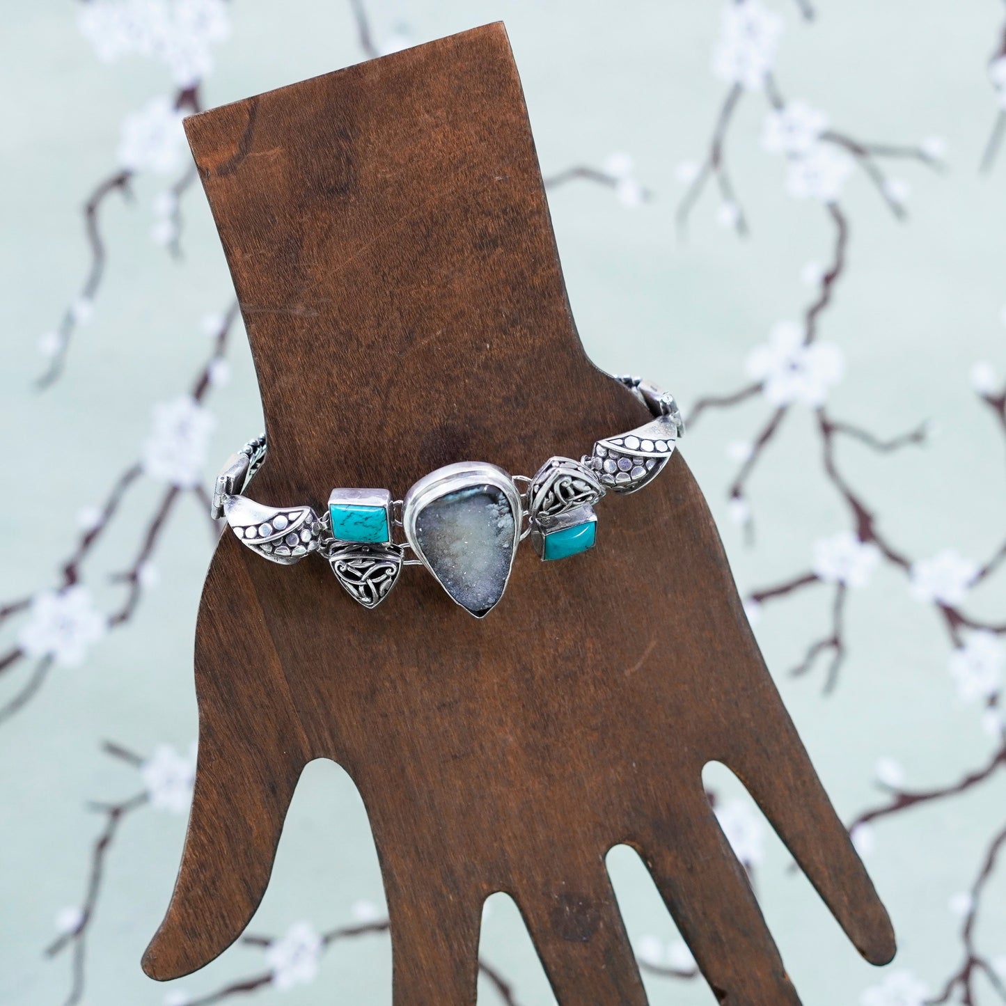 6.75”, Sterling Silver 925 wheat chain Bracelet with teardrop druzy turquoise