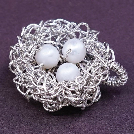 VTG Sterling silver handmade pendant, 925 wired bird nest w/ pearl details